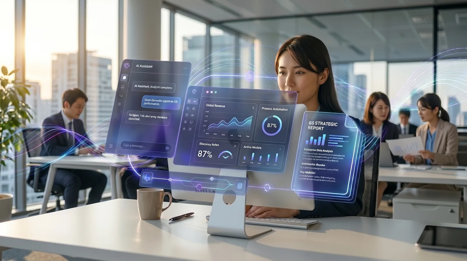 オフィスでAIアシスタント画面を活用しながら業務を進めるチームのイメージ