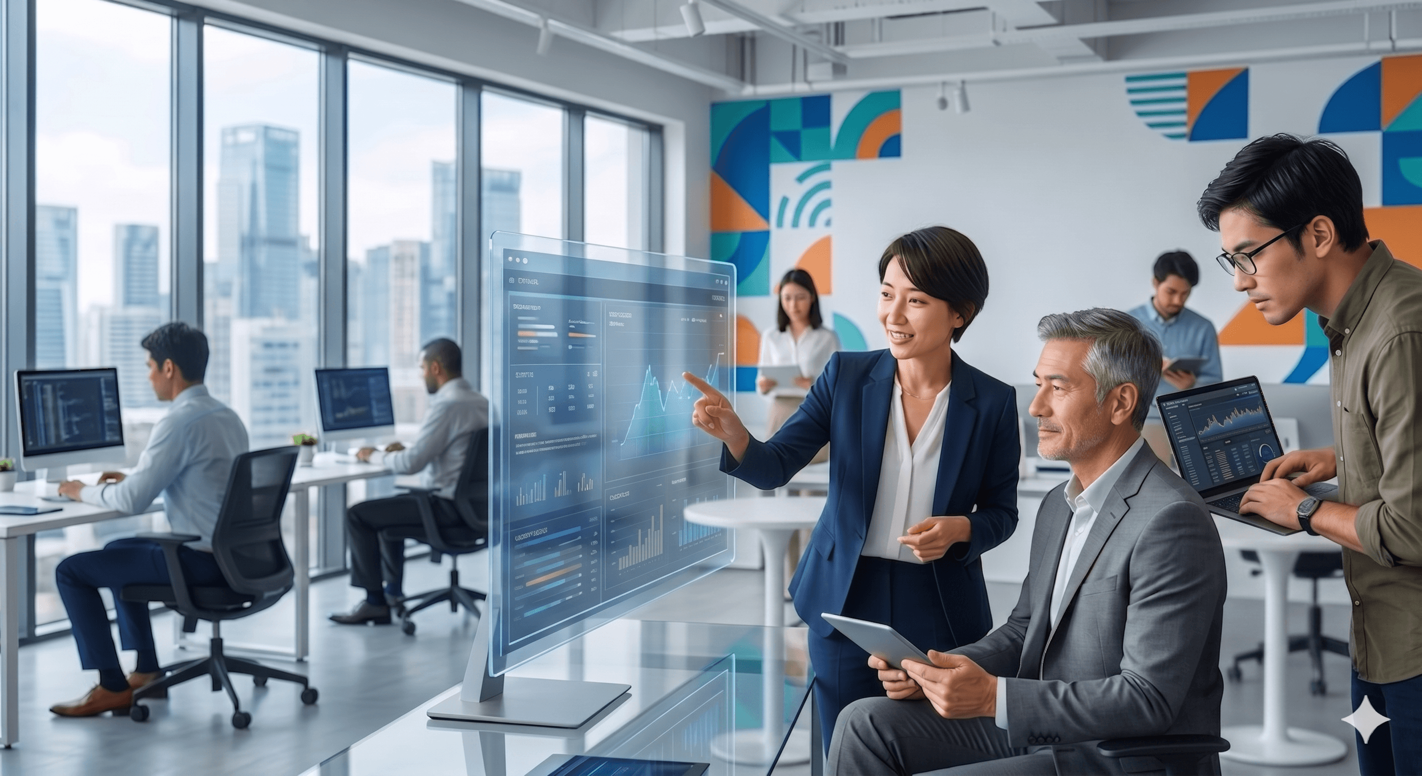 QueryPie AIの導入イメージを想起させる、オフィスでAIダッシュボードを活用するチーム