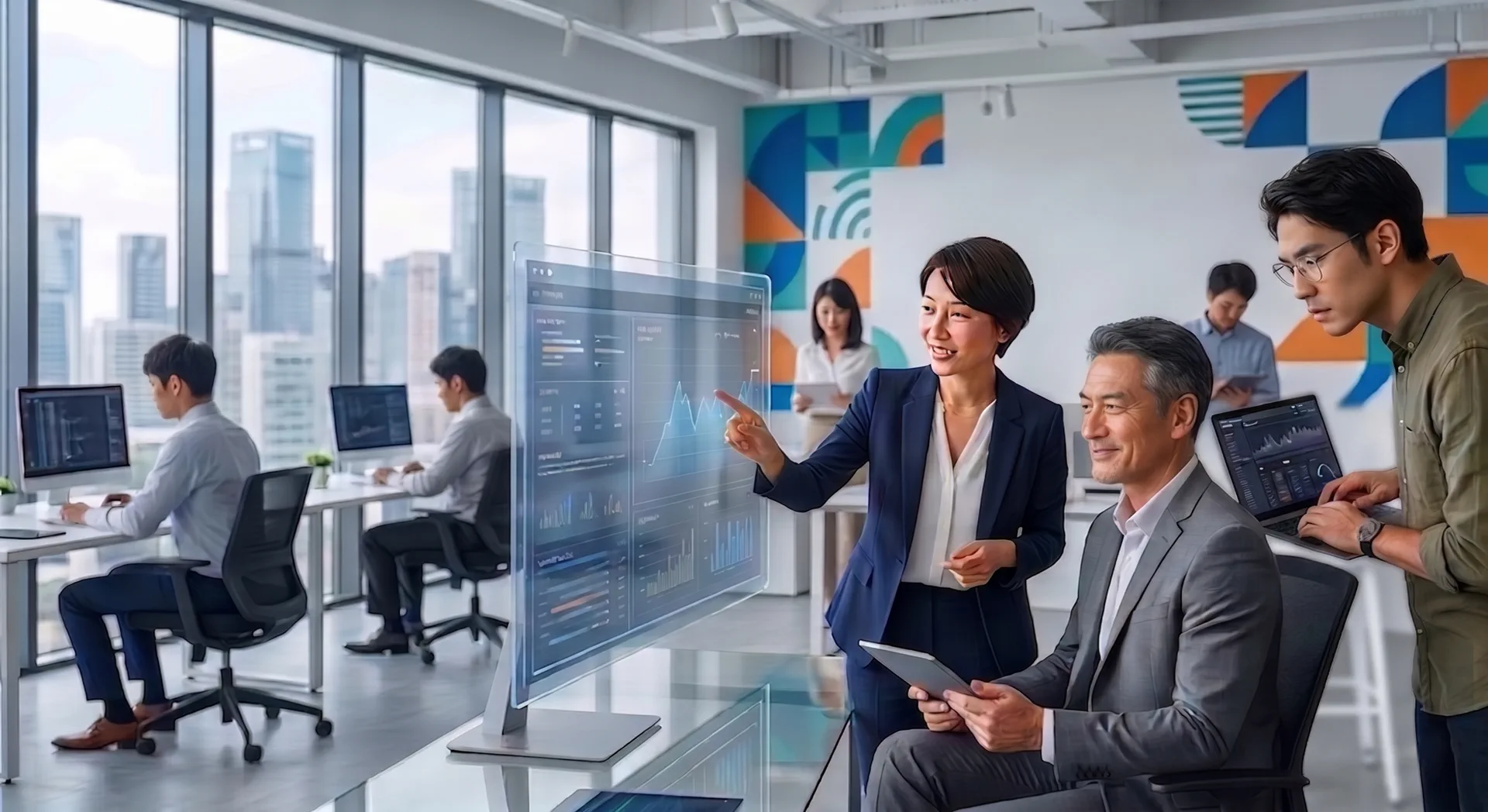 QueryPie AIの導入イメージを想起させる、オフィスでAIダッシュボードを活用するチーム